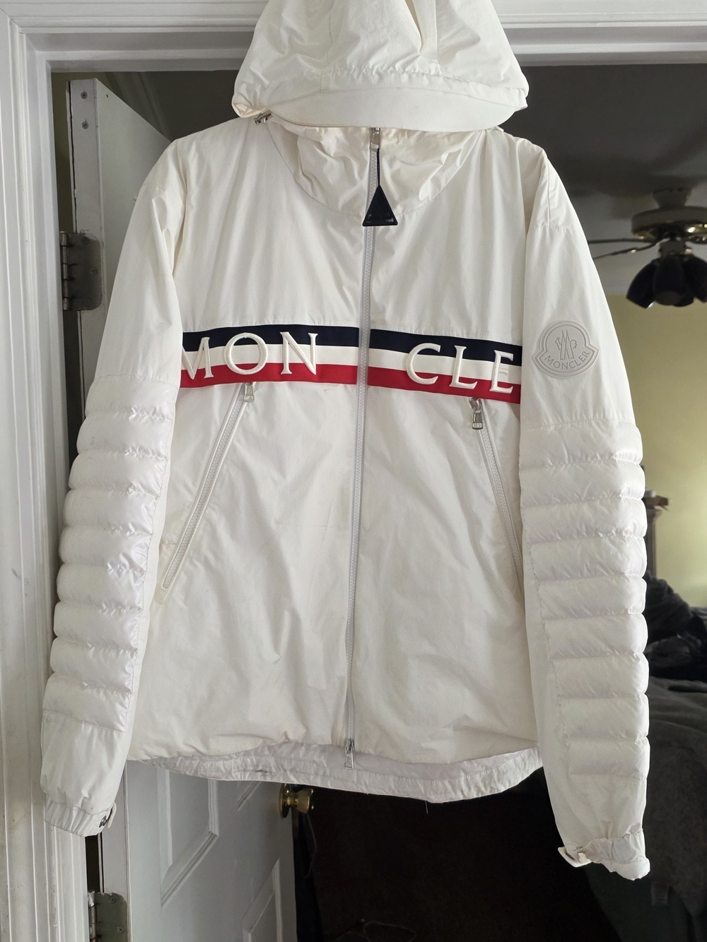 Moncler White Hooded Puffer Jacket with Tricolor Stripe